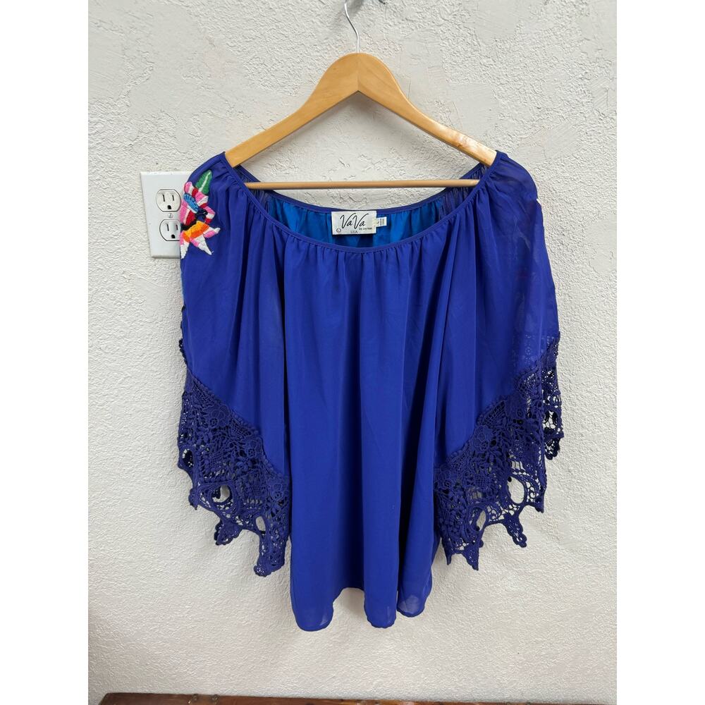 Va Va by Joy Han Embroidered Crocheted Sleeve Blouse Cobalt Blue Large